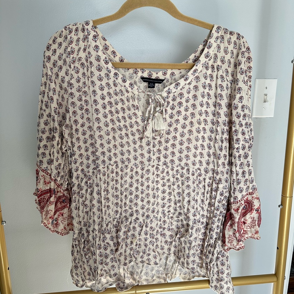 American Eagle Outfitters Cream and Red Patterned Blouse
